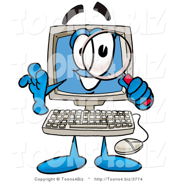 Illustration of a Cartoon Computer Mascot Looking Through a Magnifying Glass