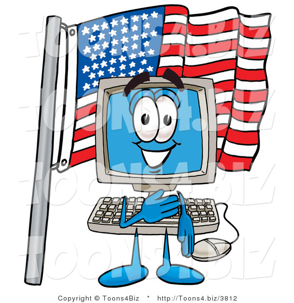 Illustration of a Cartoon Computer Mascot Pledging Allegiance to an American Flag