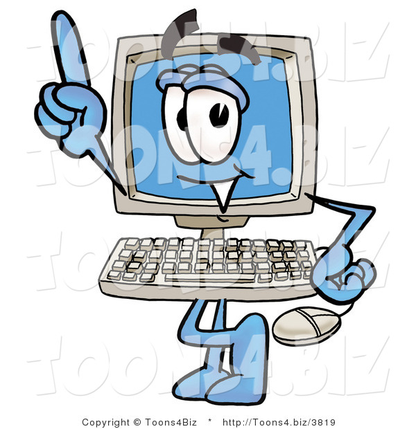 Illustration of a Cartoon Computer Mascot Pointing Upwards