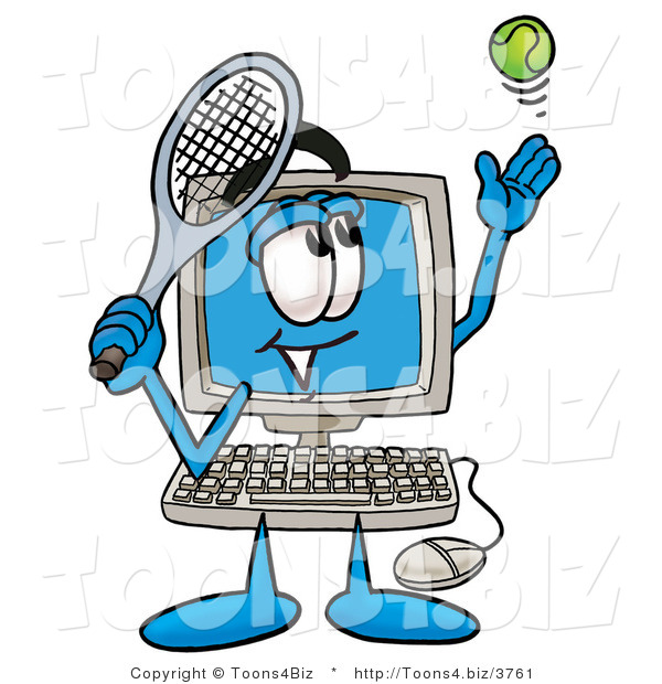Illustration of a Cartoon Computer Mascot Preparing to Hit a Tennis Ball