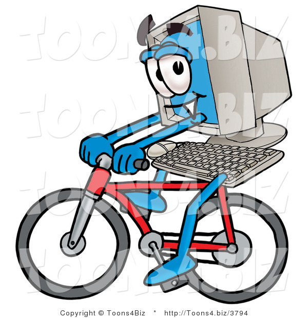 Illustration of a Cartoon Computer Mascot Riding a Bicycle
