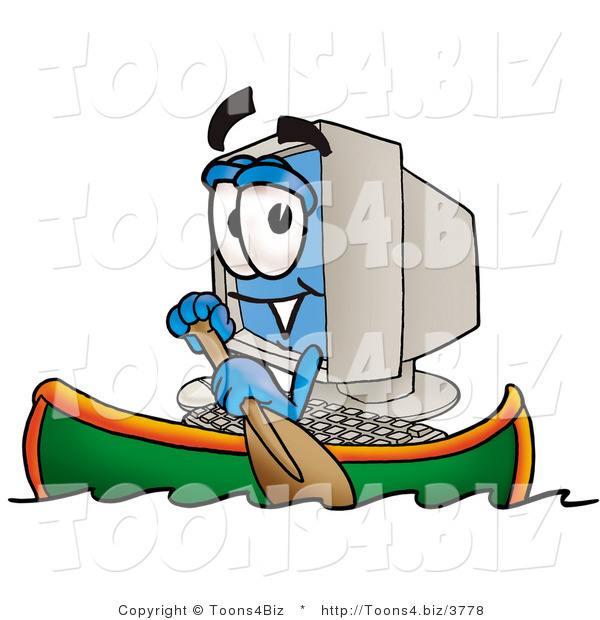 Illustration of a Cartoon Computer Mascot Rowing a Boat