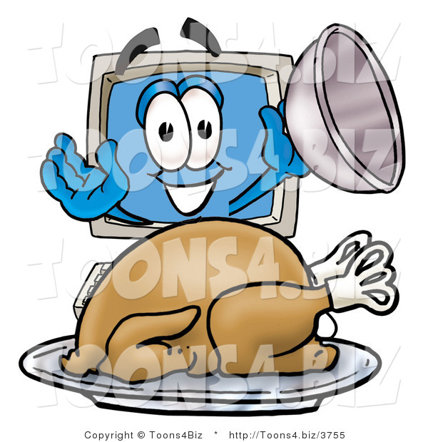 Illustration of a Cartoon Computer Mascot Serving a Thanksgiving Turkey on a Platter