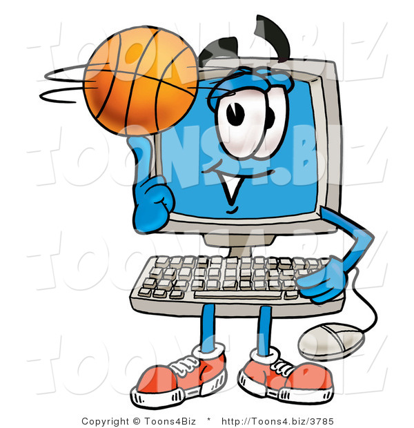 Illustration of a Cartoon Computer Mascot Spinning a Basketball on His Finger