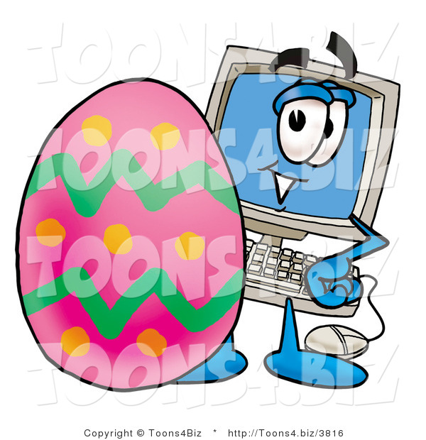 Illustration of a Cartoon Computer Mascot Standing Beside an Easter Egg