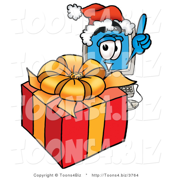 Illustration of a Cartoon Computer Mascot Standing by a Christmas Present
