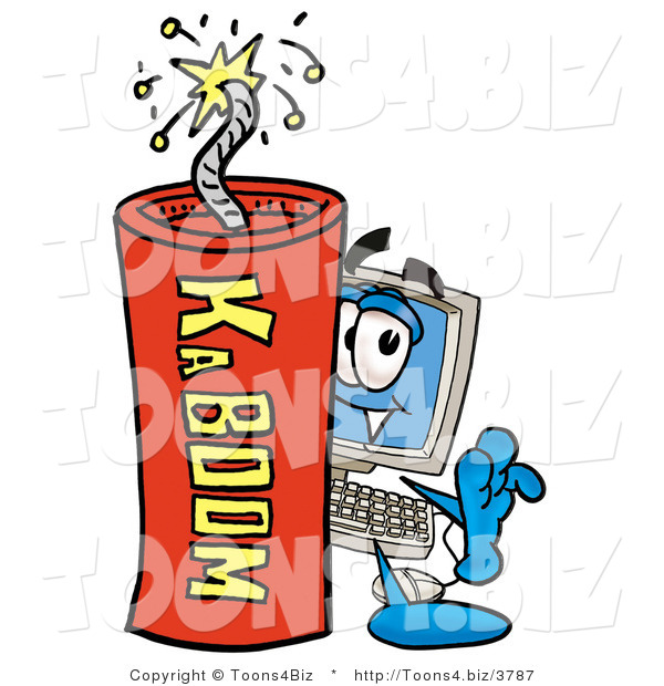 Illustration of a Cartoon Computer Mascot Standing with a Lit Stick of Dynamite