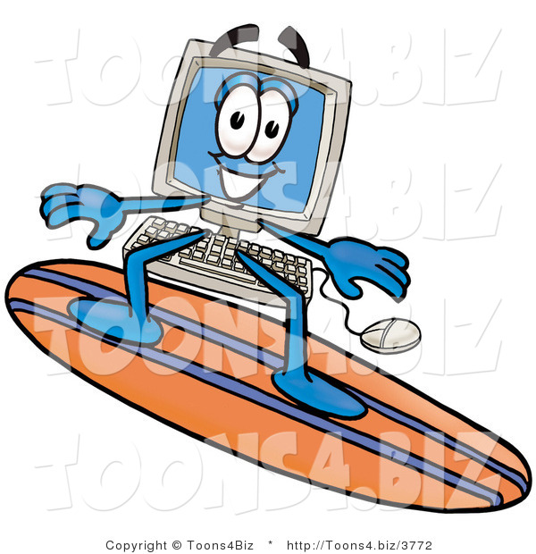 Illustration of a Cartoon Computer Mascot Surfing on a Blue and Orange Surfboard