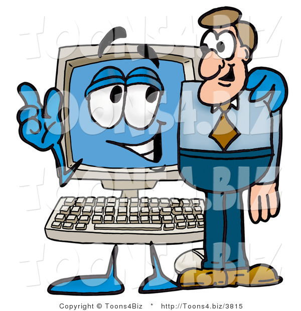 Illustration of a Cartoon Computer Mascot Talking to a Business Man