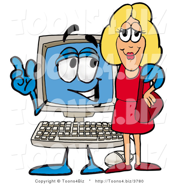 Illustration of a Cartoon Computer Mascot Talking to a Pretty Blond Woman