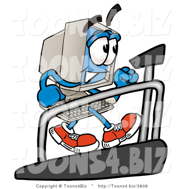 Illustration of a Cartoon Computer Mascot Walking on a Treadmill in a Fitness Gym