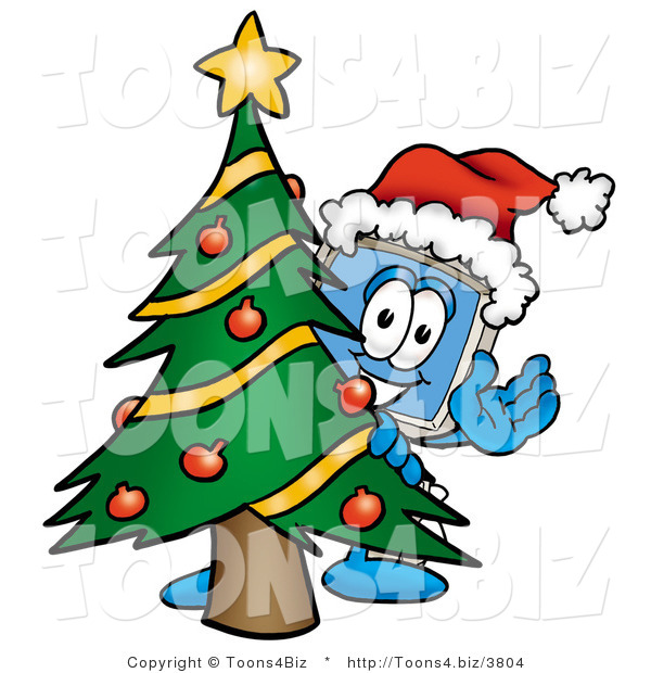 Illustration of a Cartoon Computer Mascot Waving and Standing by a Decorated Christmas Tree