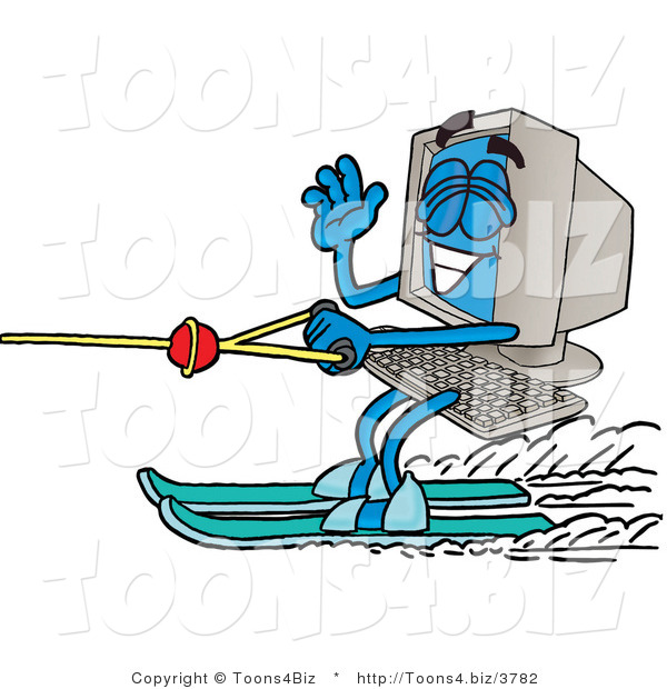 Illustration of a Cartoon Computer Mascot Waving While Water Skiing