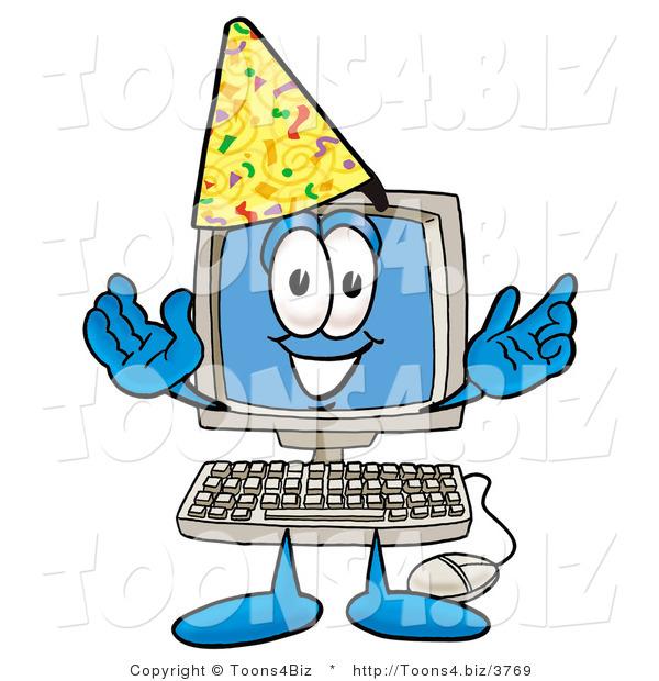Illustration of a Cartoon Computer Mascot Wearing a Birthday Party Hat