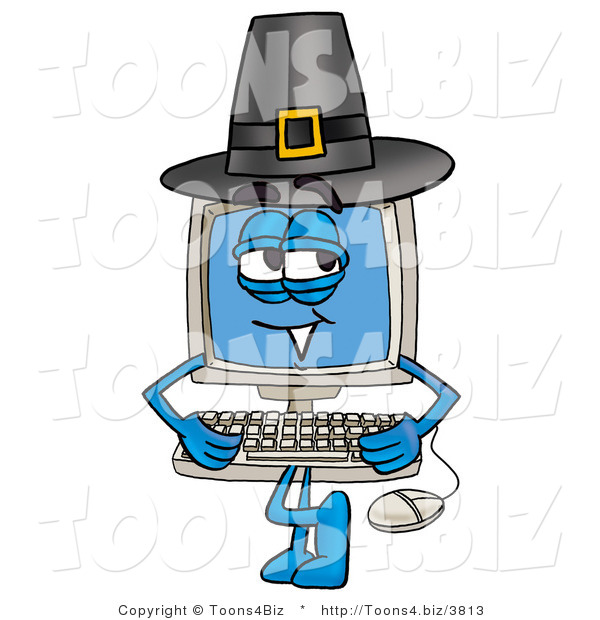 Illustration of a Cartoon Computer Mascot Wearing a Pilgrim Hat on Thanksgiving