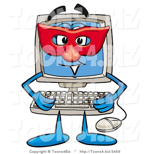 Illustration of a Cartoon Computer Mascot Wearing a Red Mask over His Face