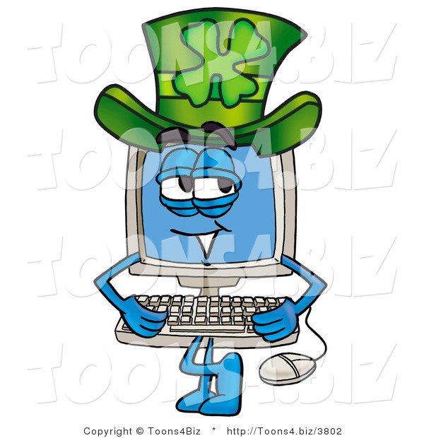 Illustration of a Cartoon Computer Mascot Wearing a Saint Patricks Day Hat with a Clover on It