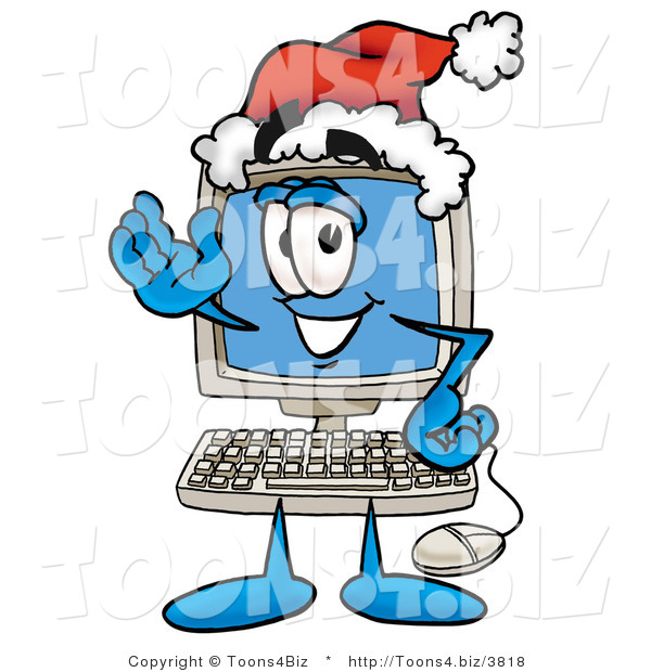 Illustration of a Cartoon Computer Mascot Wearing a Santa Hat and Waving