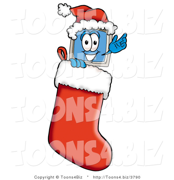 Illustration of a Cartoon Computer Mascot Wearing a Santa Hat Inside a Red Christmas Stocking