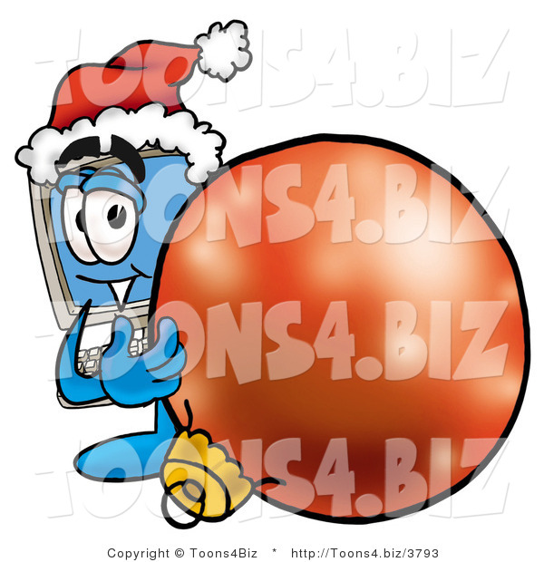 Illustration of a Cartoon Computer Mascot Wearing a Santa Hat, Standing with a Christmas Bauble
