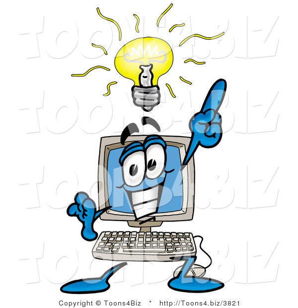 Illustration of a Cartoon Computer Mascot with a Bright Idea