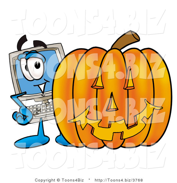Illustration of a Cartoon Computer Mascot with a Carved Halloween Pumpkin