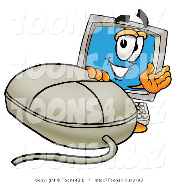 Illustration of a Cartoon Computer Mascot with a Computer Mouse