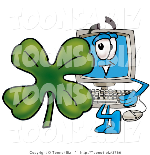 Illustration of a Cartoon Computer Mascot with a Green Four Leaf Clover on St Paddy's or St Patricks Day