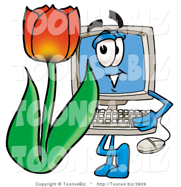 Illustration of a Cartoon Computer Mascot with a Red Tulip Flower in the Spring