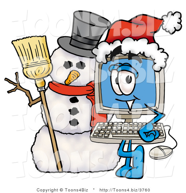 Illustration of a Cartoon Computer Mascot with a Snowman on Christmas
