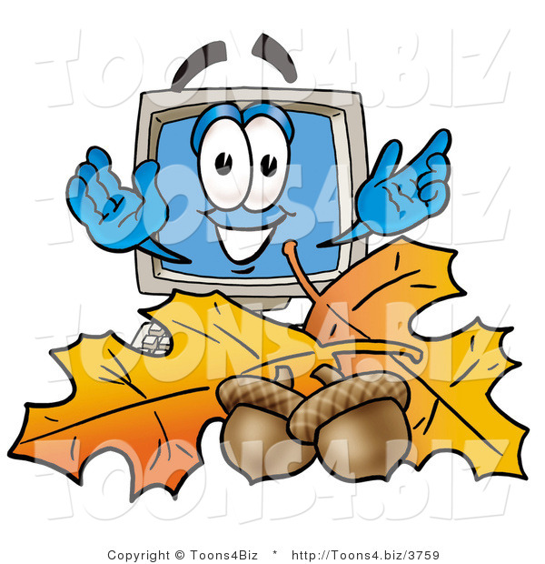 Illustration of a Cartoon Computer Mascot with Autumn Leaves and Acorns in the Fall