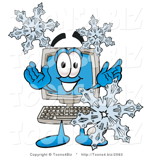 Illustration of a Cartoon Computer Mascot with Three Snowflakes in Winter