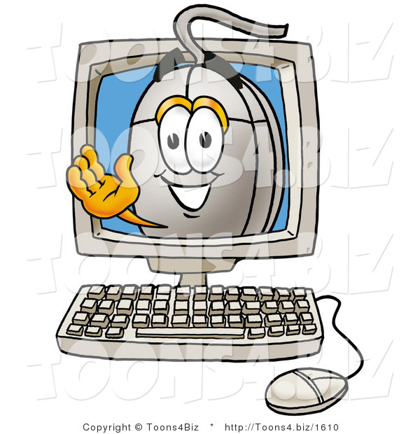 Illustration of a Cartoon Computer Mouse Mascot Aving from Inside a Computer Screen