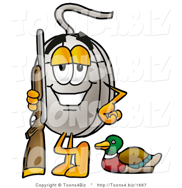 Illustration of a Cartoon Computer Mouse Mascot Duck Hunting, Standing with a Rifle and Duck