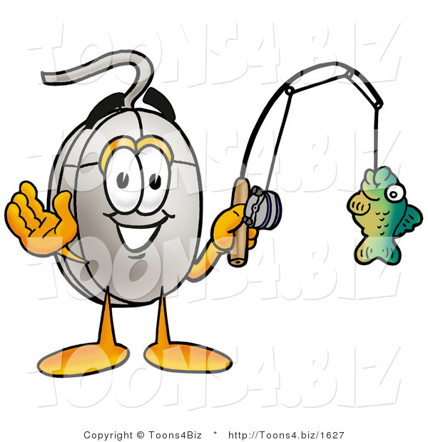 Illustration of a Cartoon Computer Mouse Mascot Holding a Fish on a Fishing Pole