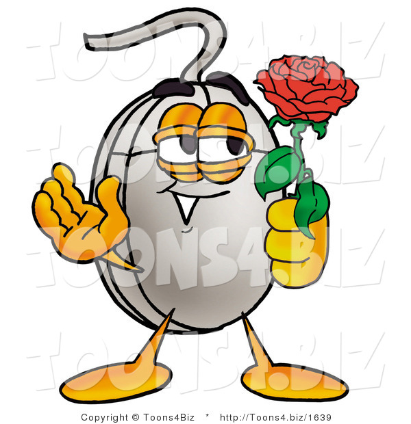 Illustration of a Cartoon Computer Mouse Mascot Holding a Red Rose on Valentines Day