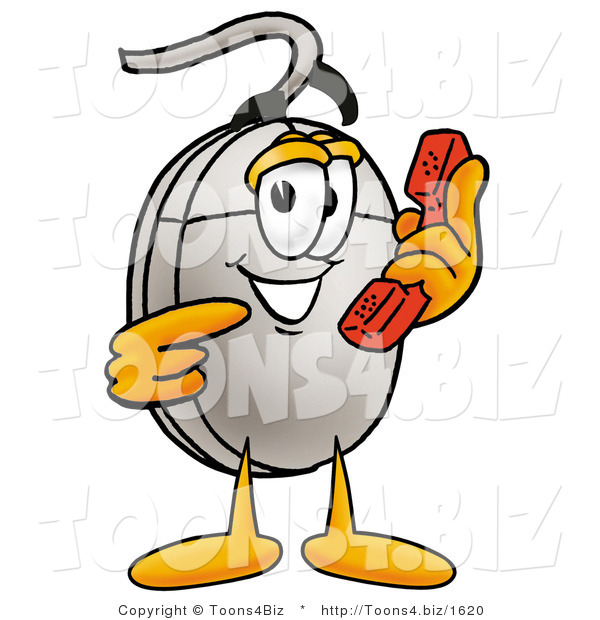 Illustration of a Cartoon Computer Mouse Mascot Holding a Telephone