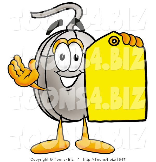 Illustration of a Cartoon Computer Mouse Mascot Holding a Yellow Sales Price Tag