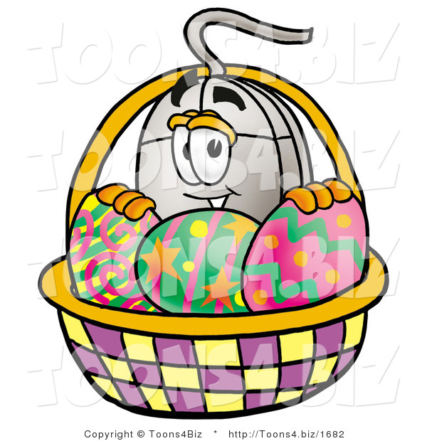 Illustration of a Cartoon Computer Mouse Mascot in an Easter Basket Full of Decorated Easter Eggs