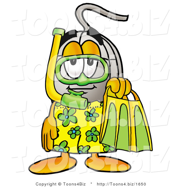 Illustration of a Cartoon Computer Mouse Mascot in Green and Yellow Snorkel Gear