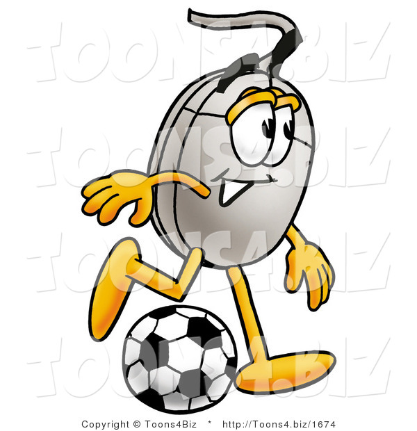 Illustration of a Cartoon Computer Mouse Mascot Kicking a Soccer Ball