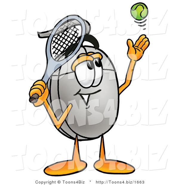 Illustration of a Cartoon Computer Mouse Mascot Preparing to Hit a Tennis Ball