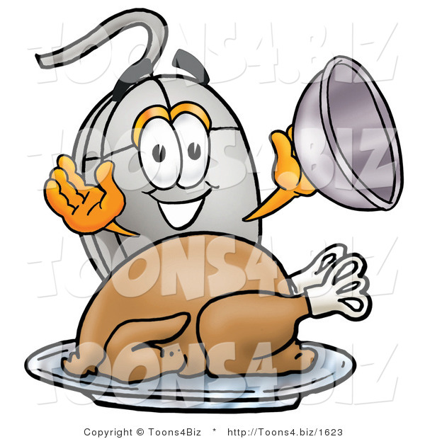 Illustration of a Cartoon Computer Mouse Mascot Serving a Thanksgiving Turkey on a Platter