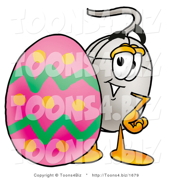 Illustration of a Cartoon Computer Mouse Mascot Standing Beside an Easter Egg