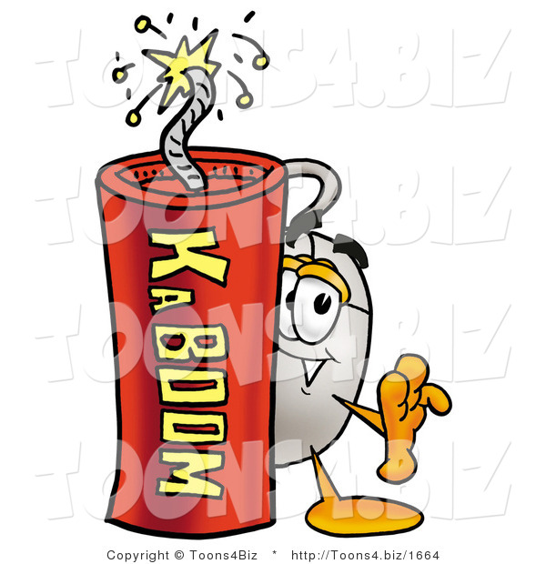 Illustration of a Cartoon Computer Mouse Mascot Standing with a Lit Stick of Dynamite