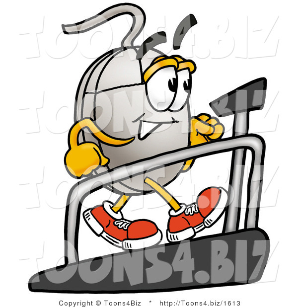 Illustration of a Cartoon Computer Mouse Mascot Walking on a Treadmill in a Fitness Gym