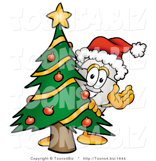 Illustration of a Cartoon Computer Mouse Mascot Waving and Standing by a Decorated Christmas Tree