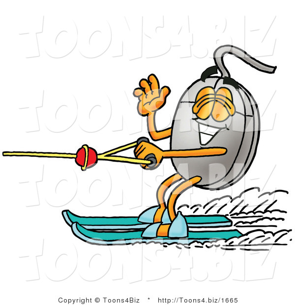 Illustration of a Cartoon Computer Mouse Mascot Waving While Water Skiing