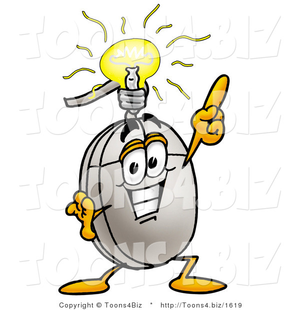 Illustration of a Cartoon Computer Mouse Mascot with a Bright Idea