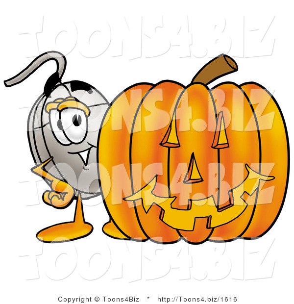 Illustration of a Cartoon Computer Mouse Mascot with a Carved Halloween Pumpkin